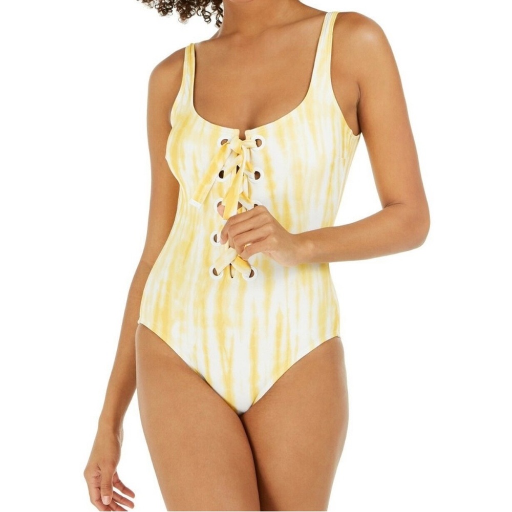 MICHAEL KORS- Yellow and White Tie- Dye Lace-Up One-Piece Swimsuit